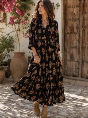 JODIFL Black & Tan Boho Maxi Dress NWOT Scalloped Trim